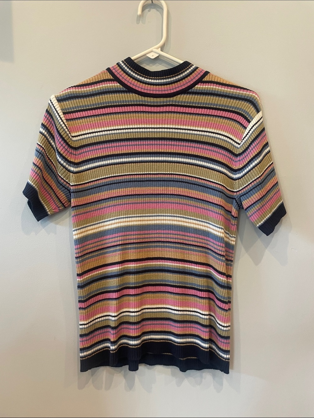 Striped Short Sleeve Ribbed Knit sweater Top — Multicolor